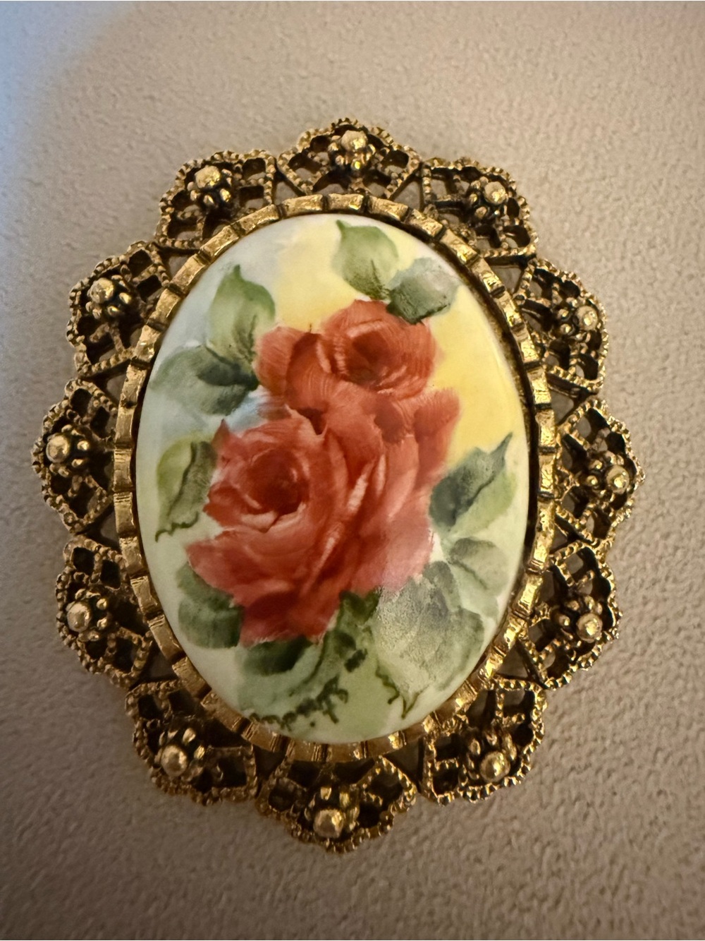 Vintage 1970s Gold Floral Rose Porcelain Brooch in Red and Green